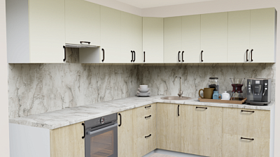 Кухня угловая Пастель ваниль - Дуб Рустик натуральный